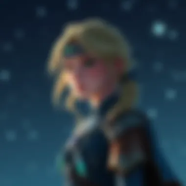 A fantasy character named Aurora Stardotter with a blend of Nordic and English features, standing in a starry background, looking contemplative about her name.