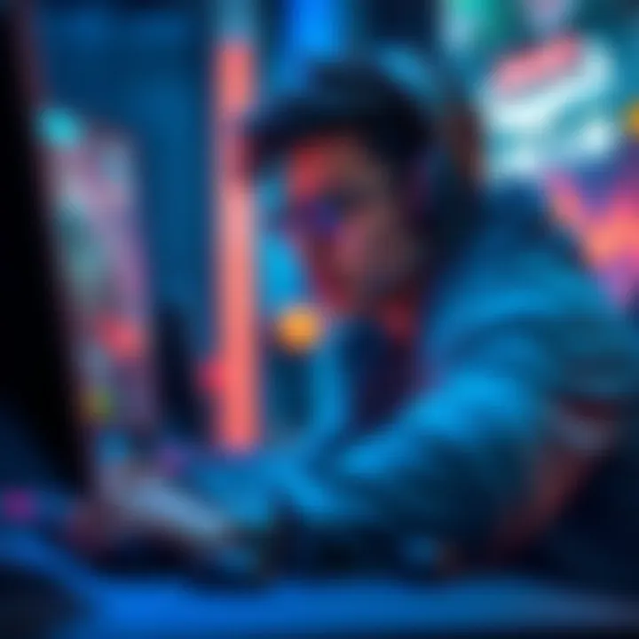 An Aussie gamer focused on their screen, determined to climb from Platinum to Adept in a competitive game, with stats and matchmaking on display.