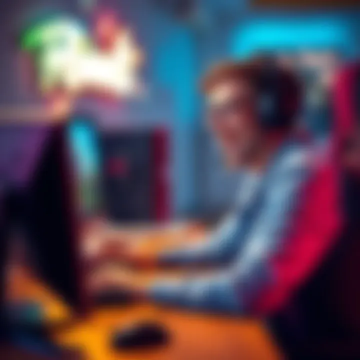 A casual gamer from Australia sitting at a computer, playing video games with a headset, expressing excitement while gaming.