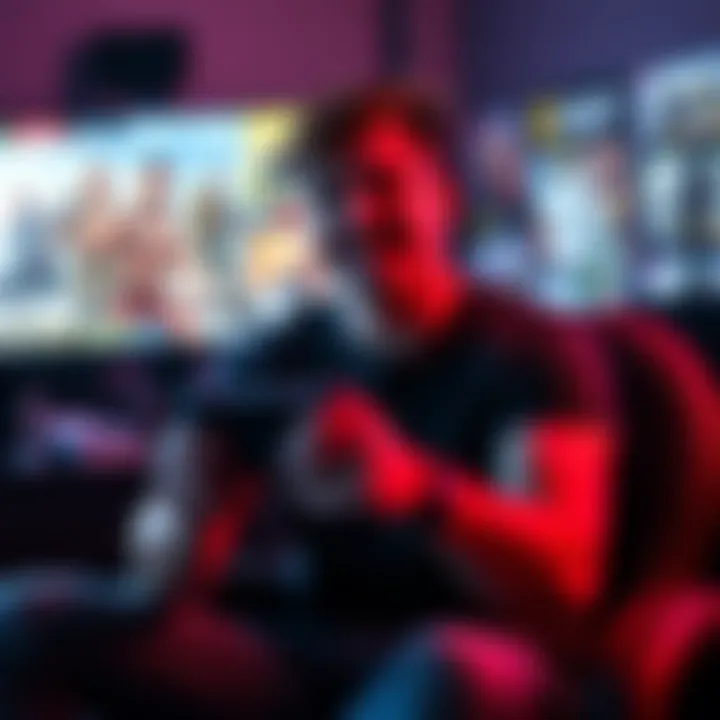 A 26-year-old Australian gamer sitting in front of a gaming setup with a controller, inviting people for a chill gaming night, surrounded by popular game titles on the screen, like COD and GTA.