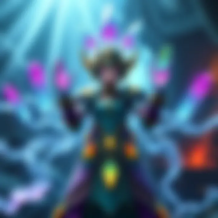 A crystal automaton named Ava showcasing her magical abilities with five different crystal types, set against a fantasy backdrop