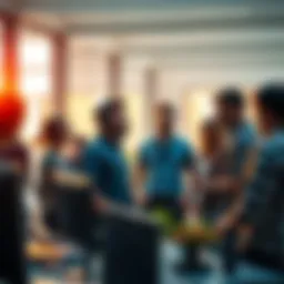 A group of diverse developers collaborating in a modern office setting, discussing concepts for a new open-world game.