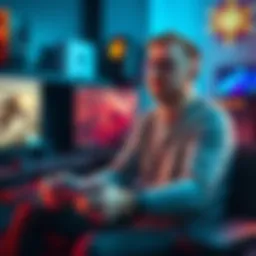 A 37-year-old white man playing video games with a console and controller, surrounded by gaming equipment.