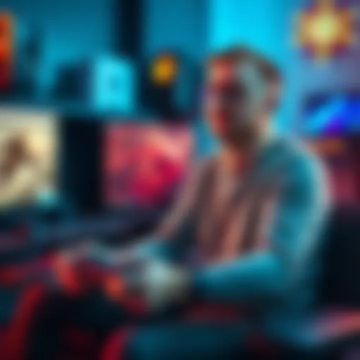 A 37-year-old white man playing video games with a console and controller, surrounded by gaming equipment.