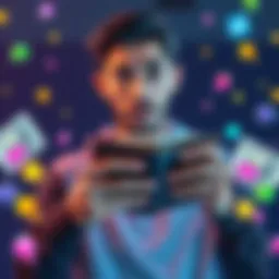 A person looking concerned while holding a wallet with money, surrounded by colorful sprites representing digital items
