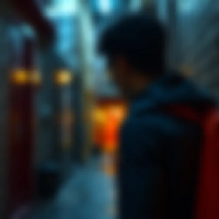 A person looking cautiously at a dark alley, aware of their surroundings, illustrating the importance of personal safety.