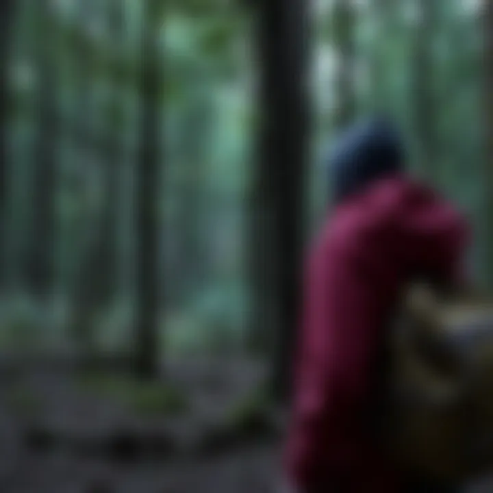 Individual taking precautions to avoid an encounter with a mythical creature called Melynx in a forest setting
