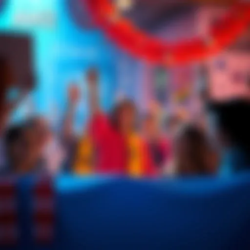 A joyful gathering of AW2 community members celebrating their growth, with banners and smiles all around.