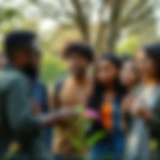 A group of diverse people engaged in a discussion, showing expressions of thoughtfulness and connection. They're in a park setting, surrounded by greenery, symbolizing personal growth and societal cha...