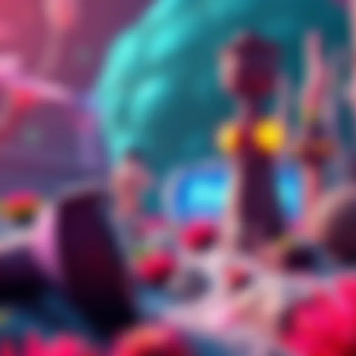 A thrilling scene from the Away Team game trailer showing space explorers in a vibrant alien landscape with unique plants and structures.