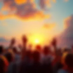 A group of people gazing in astonishment at a beautiful sunset, some with their hands raised in surprise, capturing a moment of divine beauty.