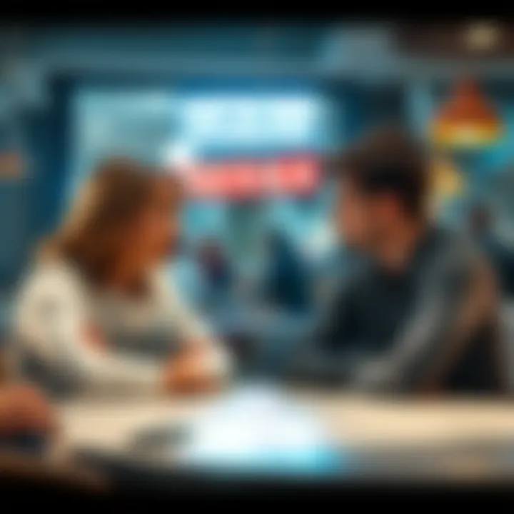 A man and a woman sitting at a table, looking uncomfortable while having a conversation.