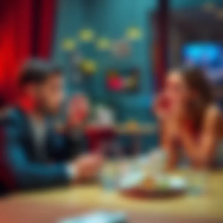 Couple at dinner table looking surprised A man sits across from a woman at a dinner table, looking surprised as she reacts to his salary reveal, showing visible tension in the air.