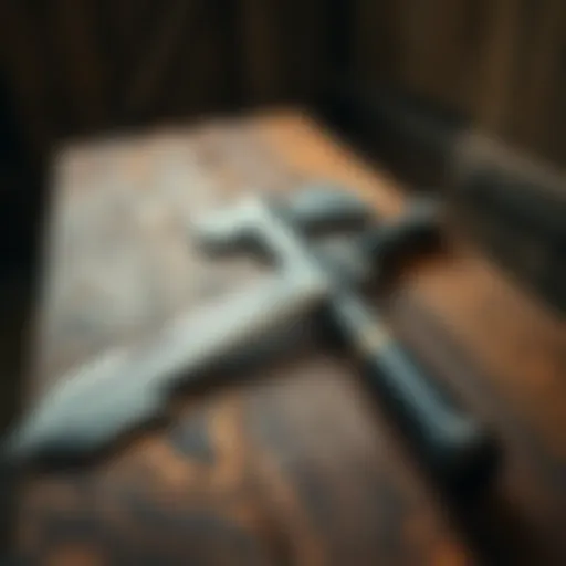 Axe and Dagger on a wooden table Axe and dagger placed together on a rustic wooden table, highlighting their sharp blades and sturdy handles.