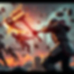 A character swings an axe vertically to hit an enemy flying at a low angle