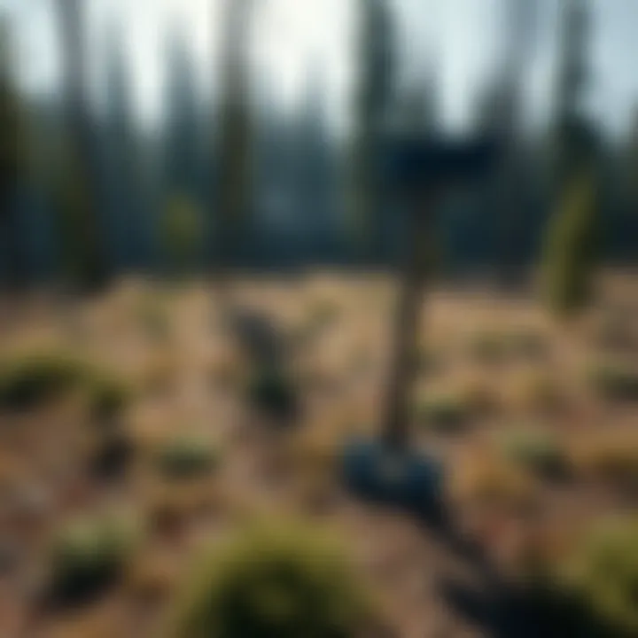 Axe Shadow on Ground A large axe casting a distinct shadow on the ground surrounded by trees