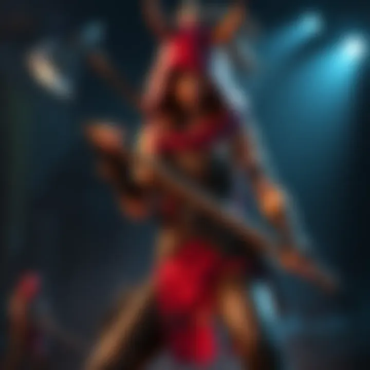 A fierce huntress with an axe ready to attack, standing in a dark game environment, showcasing her intimidating presence.