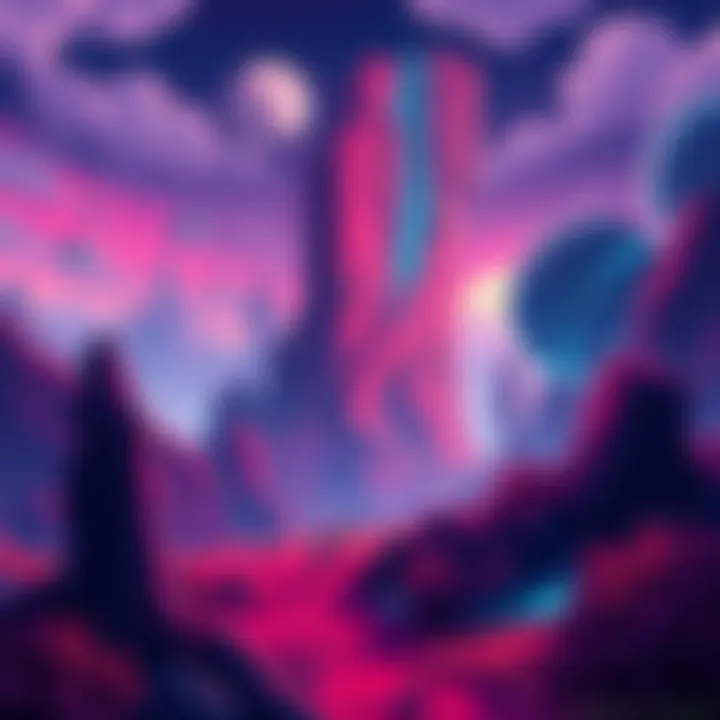 A vibrant pixel art landscape from Axiom Verge featuring an alien environment with detailed backgrounds and characters exploring the area.