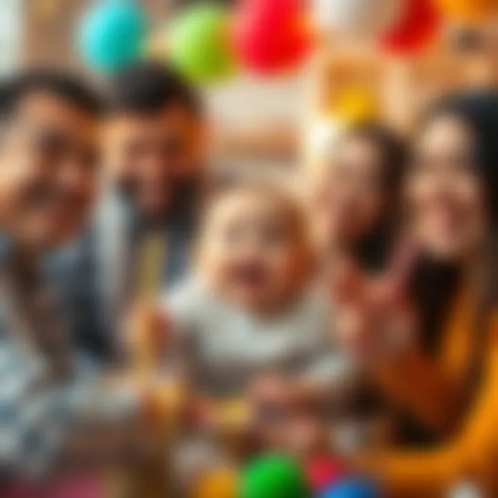 A joyful family gathering with a cute baby in the center, surrounded by colorful decorations and happy faces.