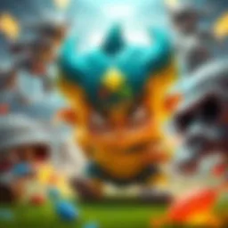 A character named Baby Dmon appears in a gaming scene looking defeated, surrounded by gameplay elements that show struggle against stronger opponents.