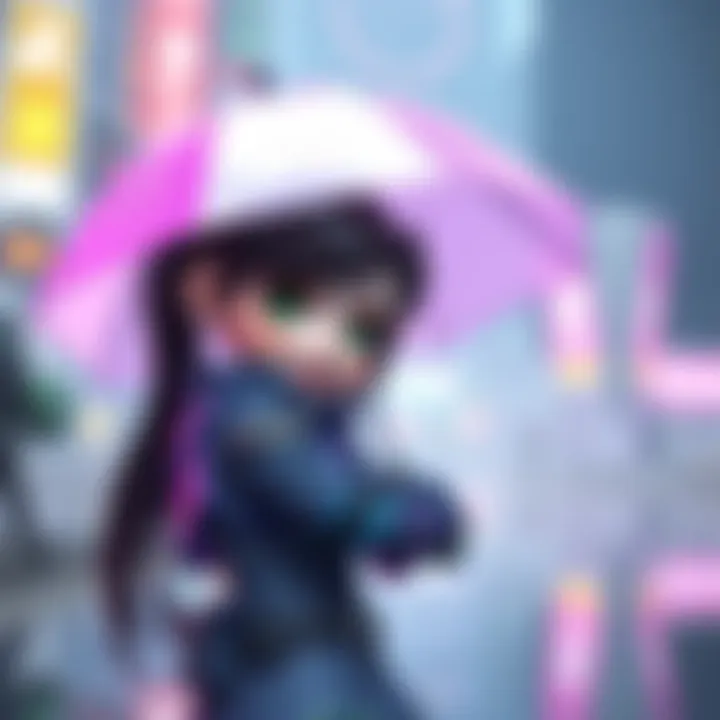 Baby D.Va character from the game holding an umbrella, looking cheerful and playful.