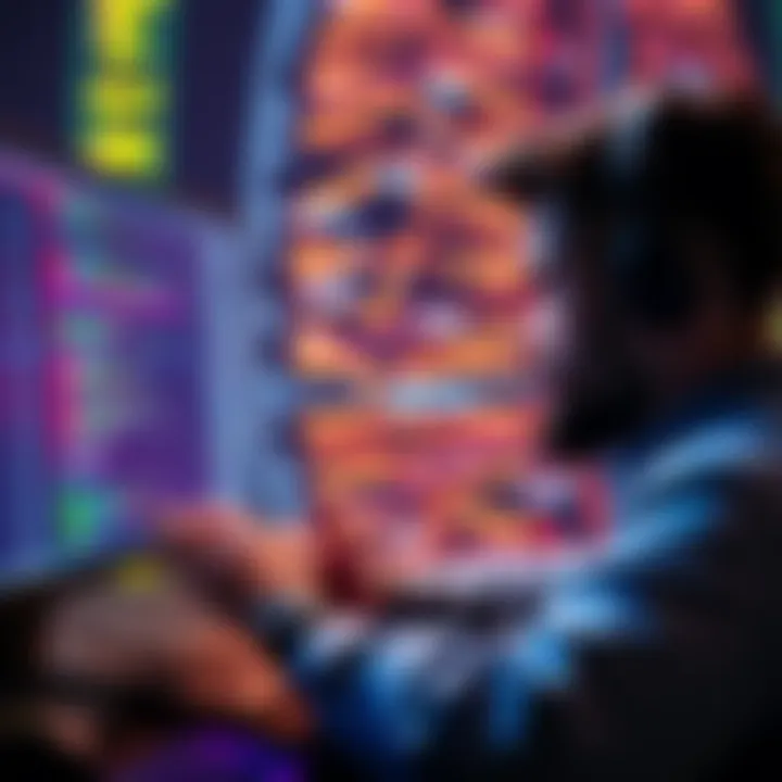 A backend developer looks at code on a computer screen, with visualizations of data processing in the background, symbolizing challenges in gaming data calculations.
