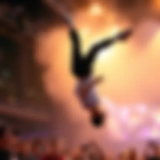 A performer named Codestrike in mid-air completing a stunning backflip, captivating the audience with skill and athleticism.