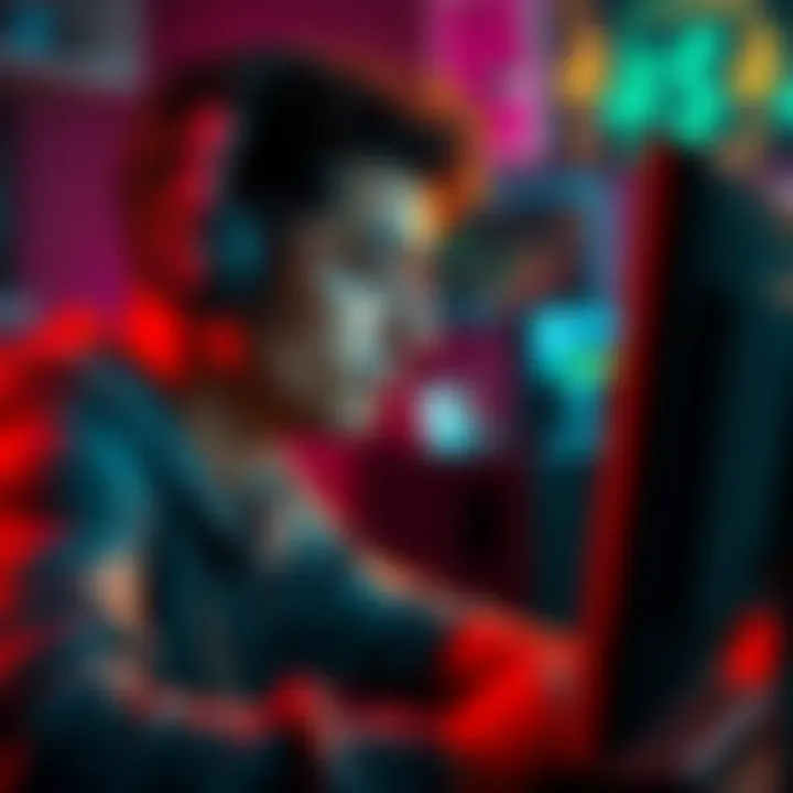 A person listening intently to a computer while music plays in the background, with a curious expression.