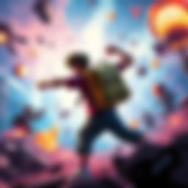 A character battling with a backpack in a vibrant game world filled with obstacles and challenges.