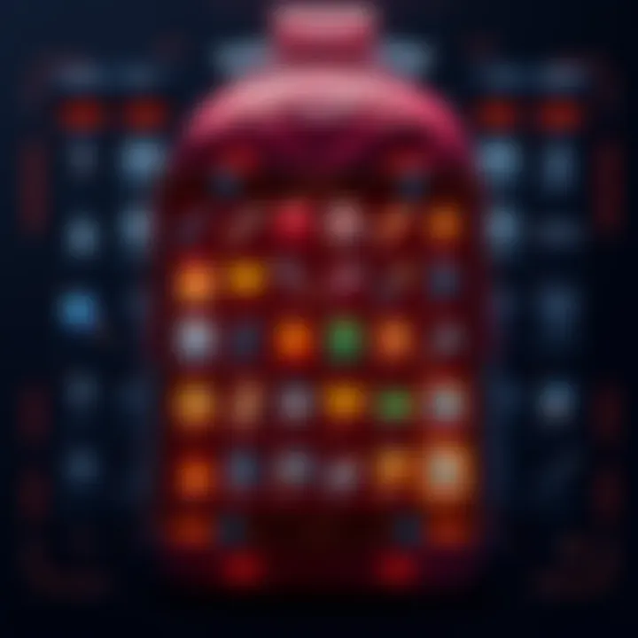 A visual representation of a backpack grid user interface, showcasing items arranged in a grid pattern, highlighting user interaction features.