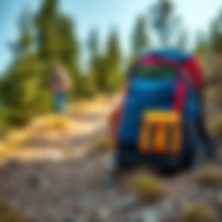 Backpack on outdoor trail A colorful backpack rests on the ground along a hiking trail with trees in the background