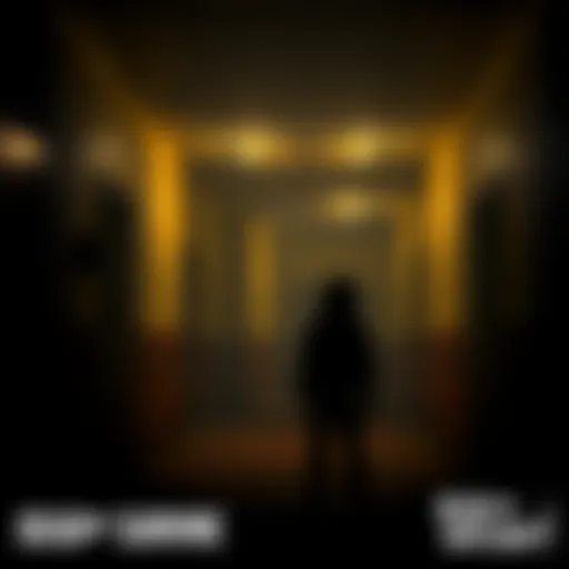 A dark, eerie room with yellowed walls and flickering lights, featuring a character in a survivor outfit looking cautiously around, blending elements of horror and survival from Dead by Daylight with ...