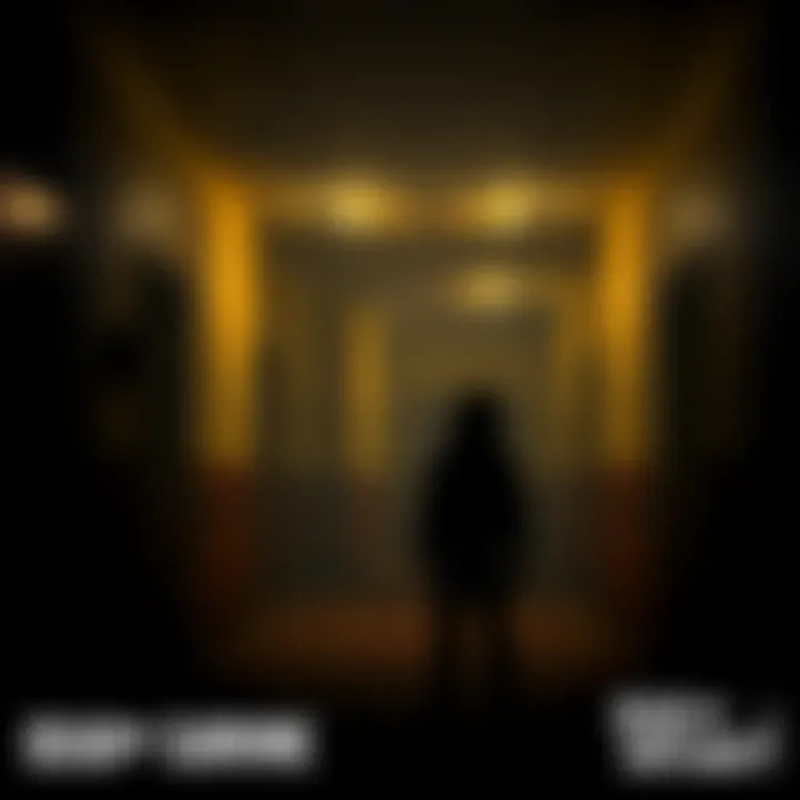 A dark, eerie room with yellowed walls and flickering lights, featuring a character in a survivor outfit looking cautiously around, blending elements of horror and survival from Dead by Daylight with ...