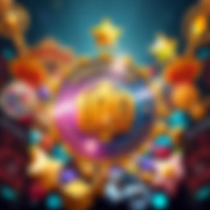 Badge for Prestige Achievement Image of a shiny badge representing Prestige 100 in a game, with a background of various rewards like skins and shards.