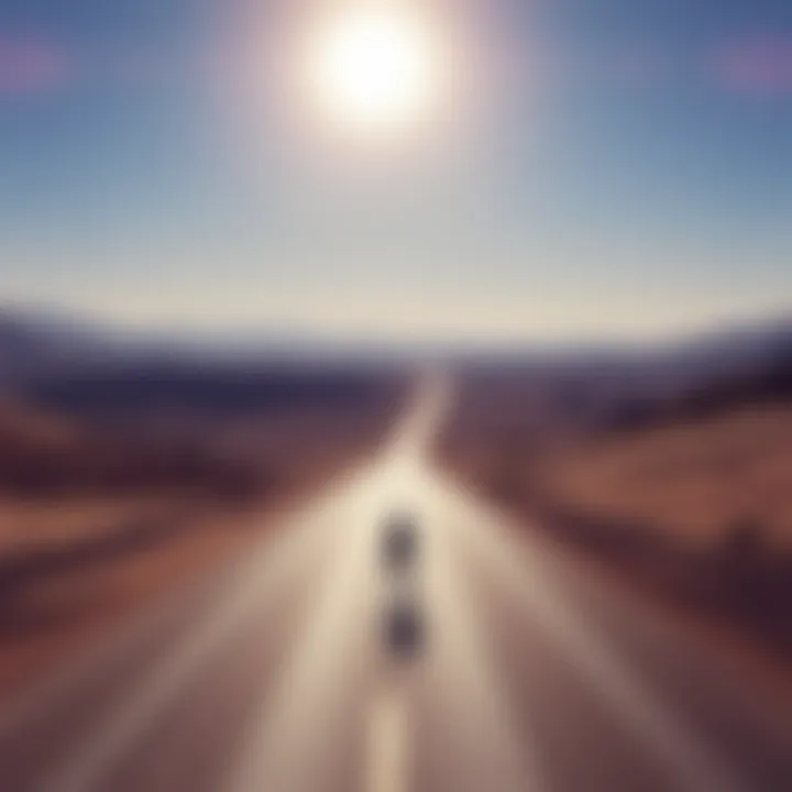 A vast view of the barren Badlands east of Night City, showcasing dry terrain and an empty road under a bright sun