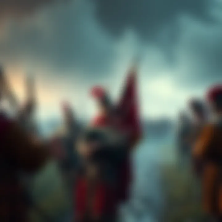 A group of warriors listen to bagpipes playing as they prepare for a queen fight, showcasing the cultural significance of the music in battle.