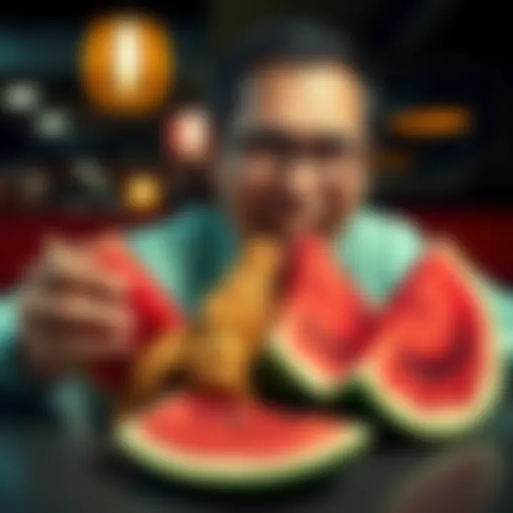 A person enjoying KFC chicken and slices of watermelon together on a table, showcasing their unique food preferences.
