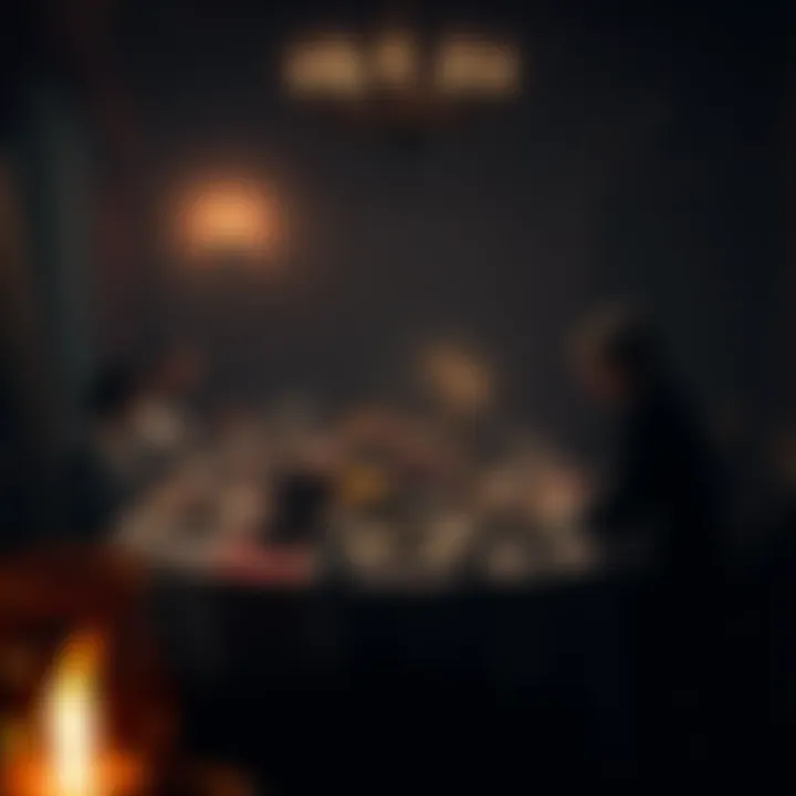Baker family dinner scene The chilling Baker family gathered around a dining table filled with unsettling food and dim lighting, showcasing a tense atmosphere.