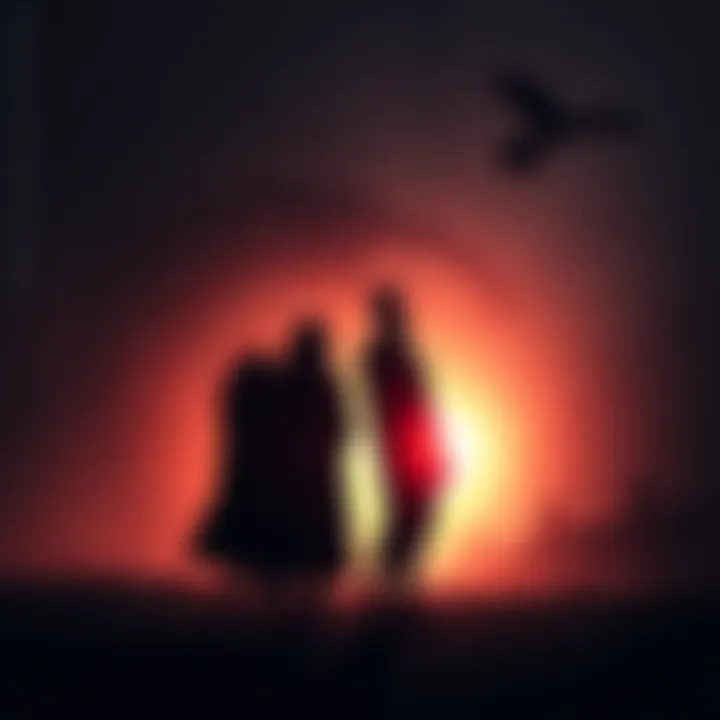 Silhouettes of the Baker family standing ominously in a dark, eerie setting with ghostly effects.