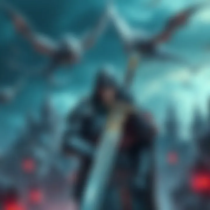 A Baki character in medieval armor holding a sword, surrounded by a fantasy landscape with castles and dragons.