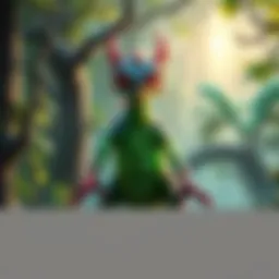 A fierce monster named Balahara, with vibrant scales and glowing eyes, standing in a lush fantasy forest, ready for an adventure.