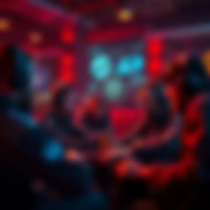 Players discussing Extraction Shooter balance A group of players debating strategies in a gaming lounge about balance issues in Extraction Shooters like ARC, with focused expressions and gaming gear visible.