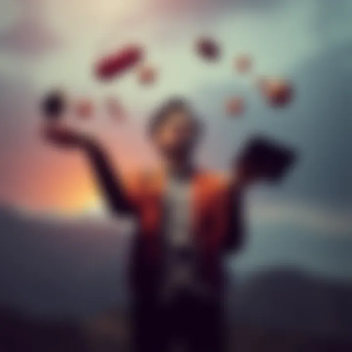 Balance in Life and Work A person juggling various items representing work and personal life, symbolizing balance.