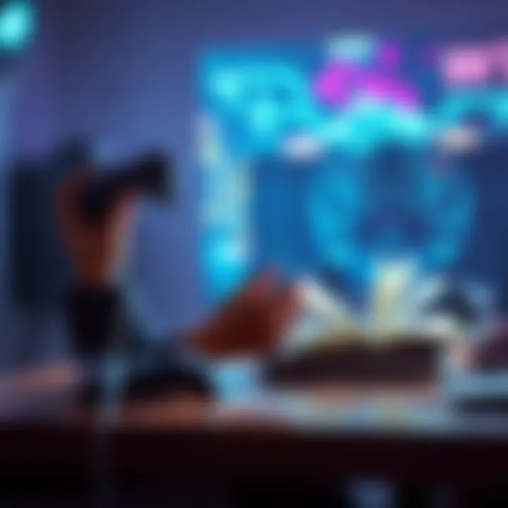 Balance Between Gaming and Life A person sitting at a desk with a gaming controller in one hand and a book in the other, symbolizing the struggle between gaming and personal development