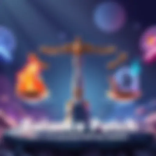 An illustration showing a game balance scale with game elements on each side, representing the changes in the new patch.