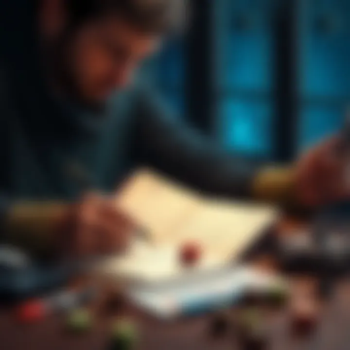 A player analyzing RPG stats for strength and dexterity with a notebook and dice on the table.