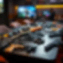 A variety of guns displayed on a gaming table, representing balanced gameplay across different weapons.