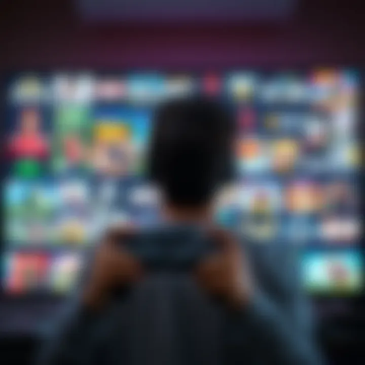 A gamer sitting in front of a screen, holding a controller, surrounded by popular new games and old classic titles, reflecting on gaming choices.