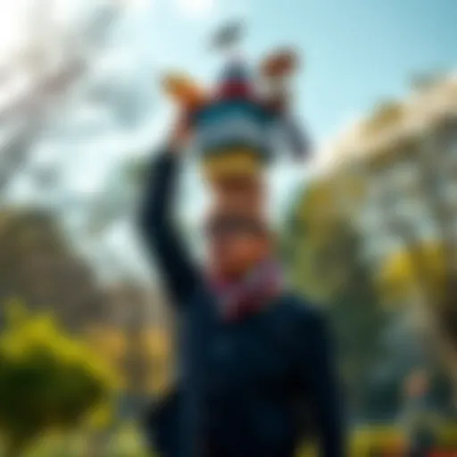 A person carefully balancing several objects on their head in a park setting, symbolizing harmony and stability in life.