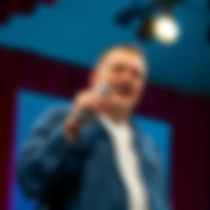 Bald Chappell Roan on stage delivering a stand-up comedy routine with a microphone